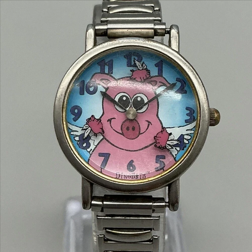 Dingbats PP00070 Womens Watch 29mm Pink Pig Dial Silver Tone New Battery